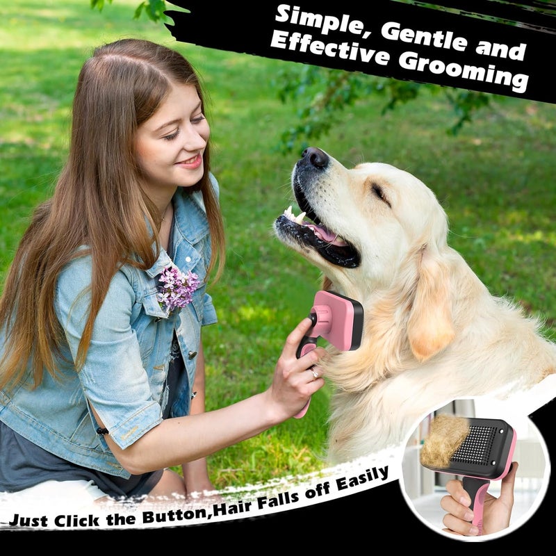 Augwind 3PCS Self Cleaning Slicker Brush & Pet Grooming Rake & Flea Comb for Dogs,Cats and Horses | Double-Sided Dematting Comb & Skin Friendly Deshedding Grooming Tool | Pet Supplies (Light Pink Black) - Image 5